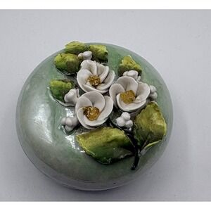 Ceramic Sculpted Flower Trinket Box Germany Sage Green